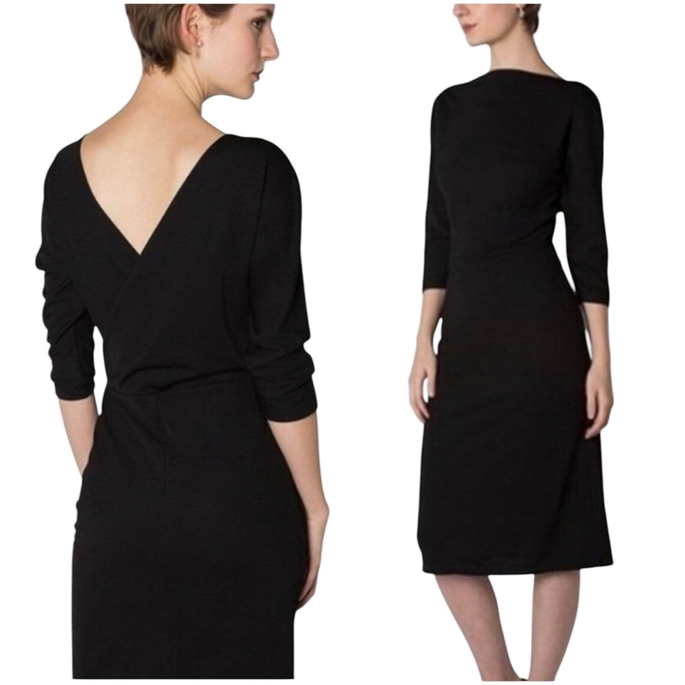 Betabrand Black Midi Dress Large V Back‎ Stretch Sheath Pencil